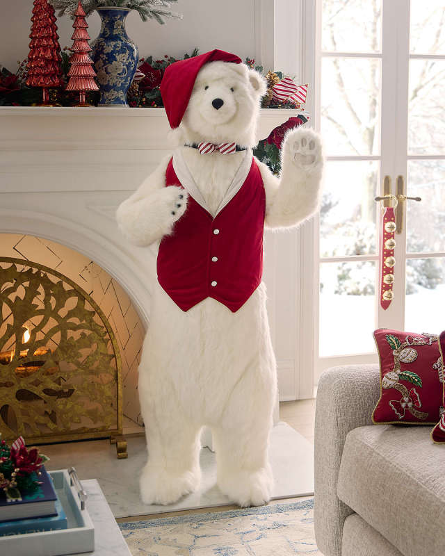 Peppermint Cheer Standing White Diamond Polar Bear, 58"T